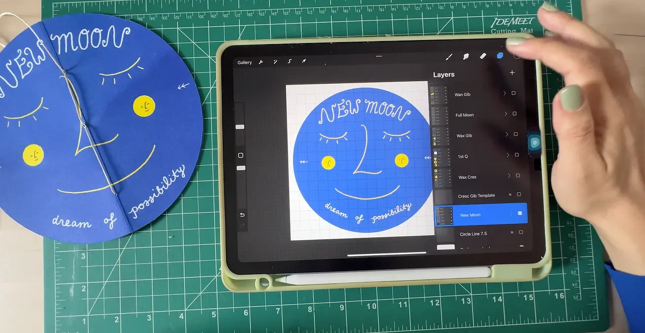 Phases of the Moon circular zine along with iPad process shot