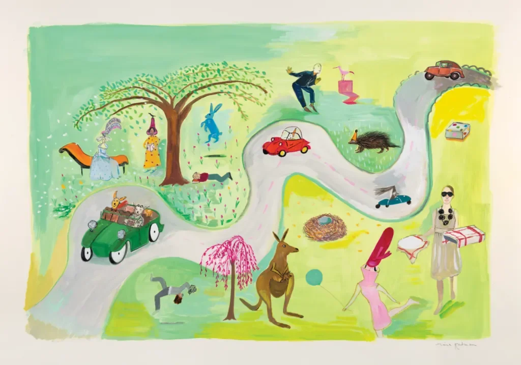 A whimsical painting depicting a winding road through a park with various animals, people, and imaginative characters, including a kangaroo, rabbits, a hedgehog, a self-playing piano, and a woman with sunglasses.