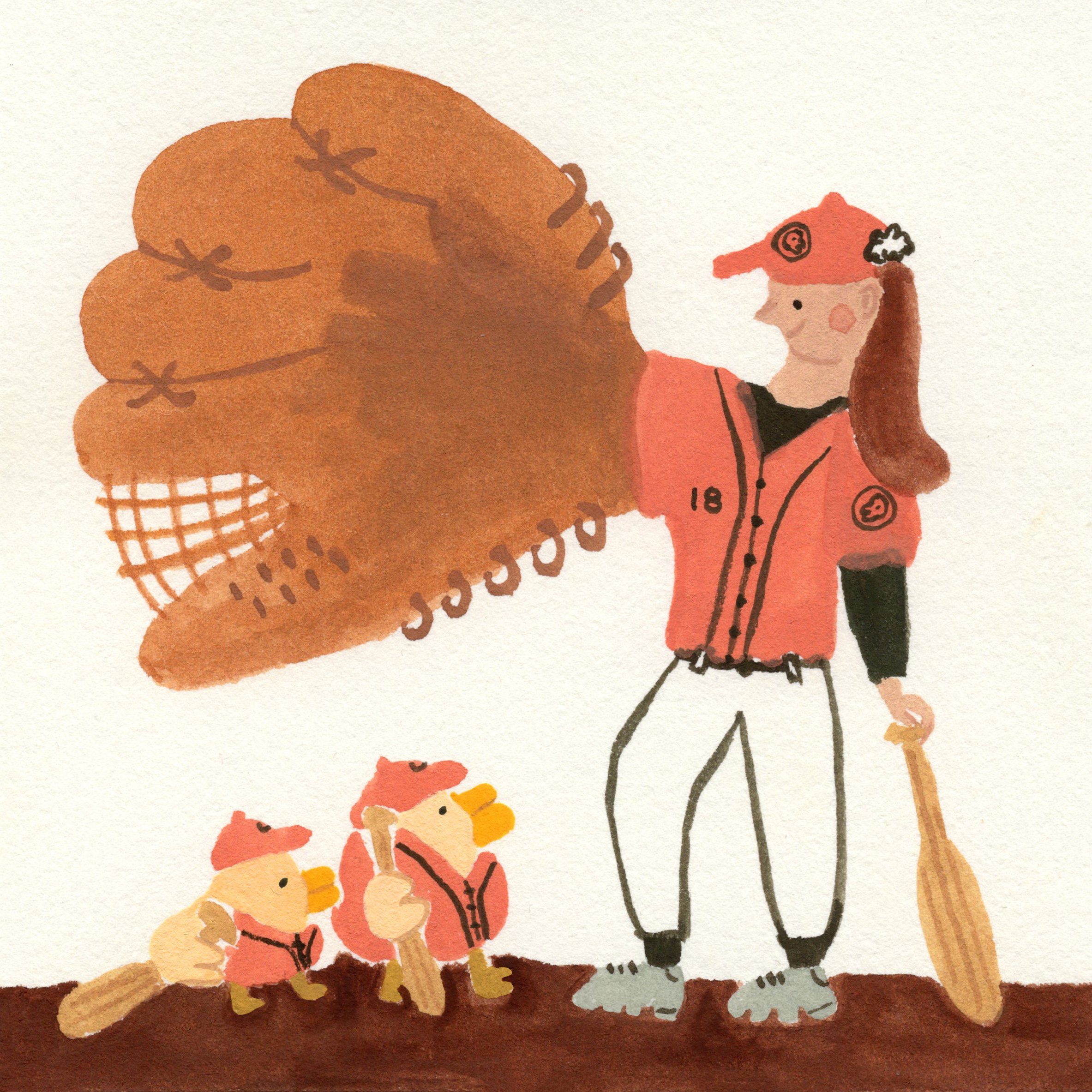 A person dressed as a baseball player with a bird beak holding a large baseball glove, accompanied by three small duck characters also dressed like baseball players.