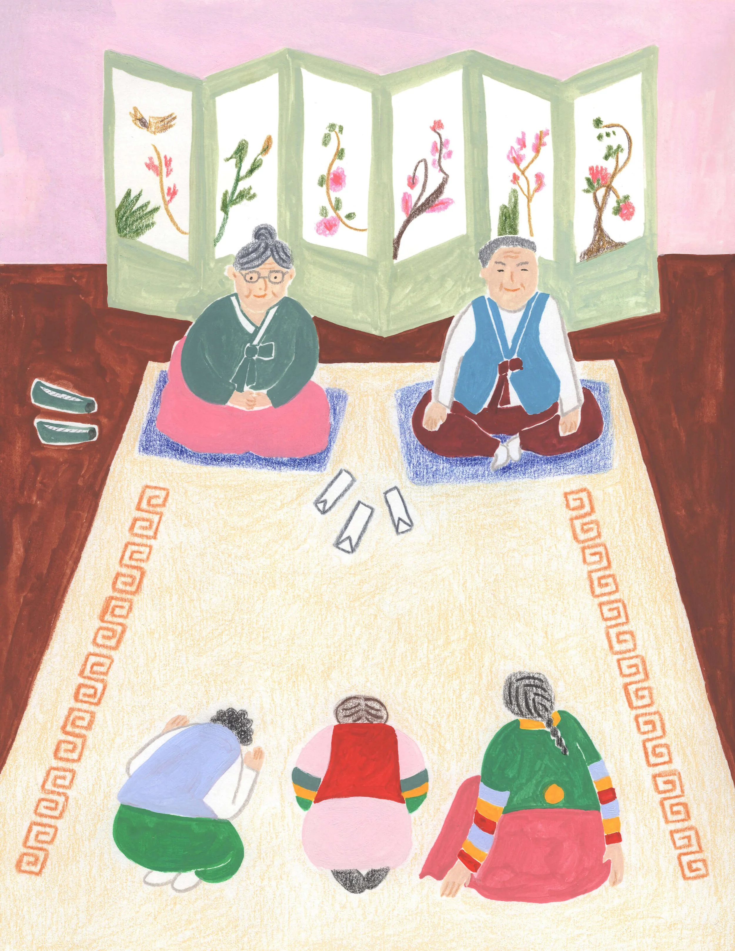 Illustration of elders sitting before a folding screen while three people bow in front of them.