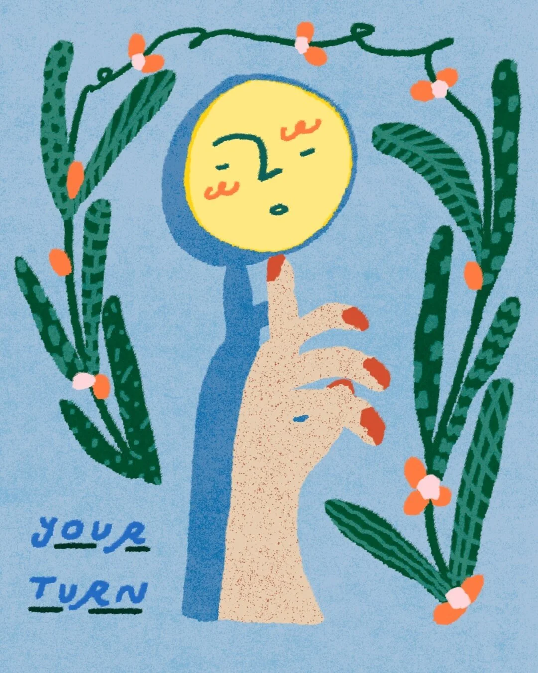Illustration of a woman holding a moon while surrounded by tall cactus-like plants.
