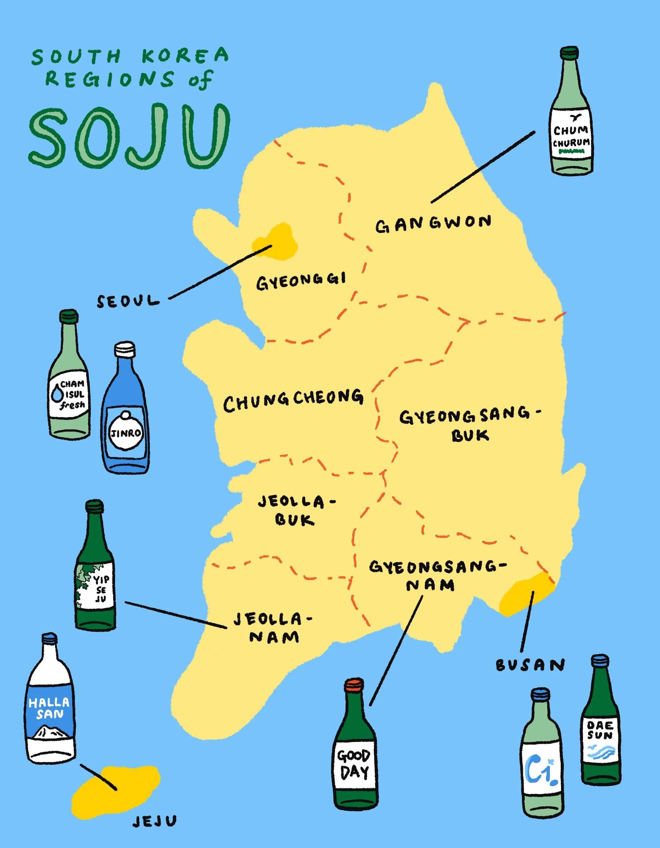Illustrated map highlighting South Korea’s soju regions with labeled areas and a bottle graphic.
