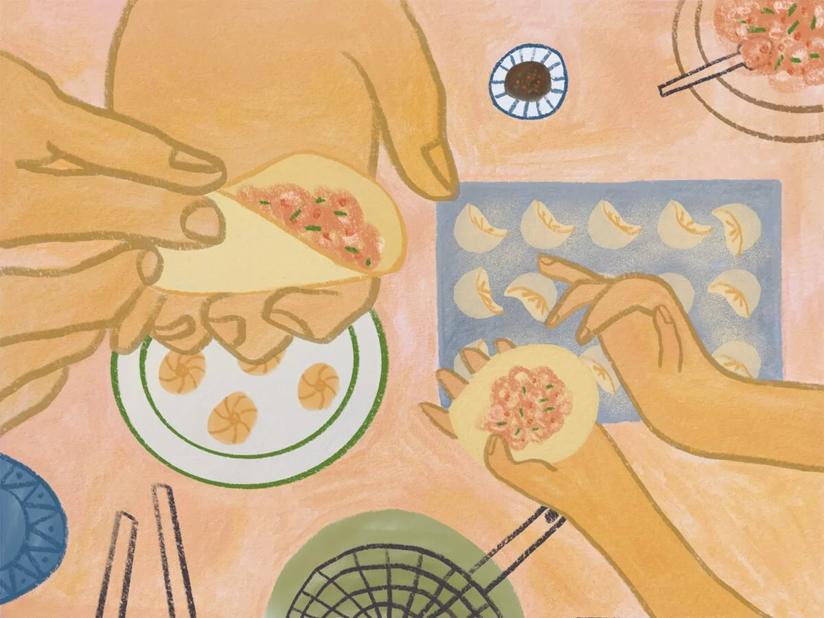 Illustration of hands making dumplings around a shared table.