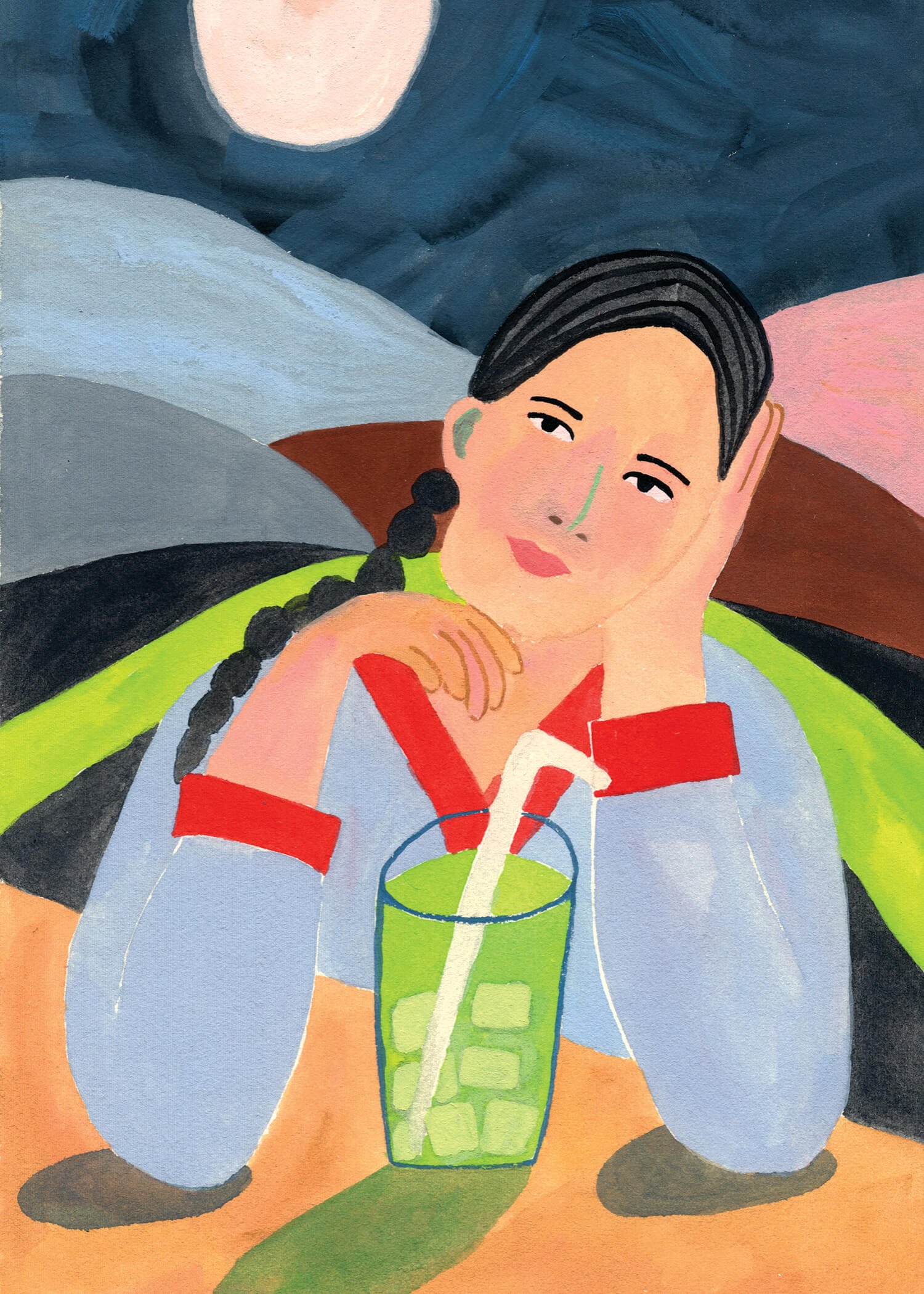 Illustration of a girl with braids drinking a matcha latte under a night sky.