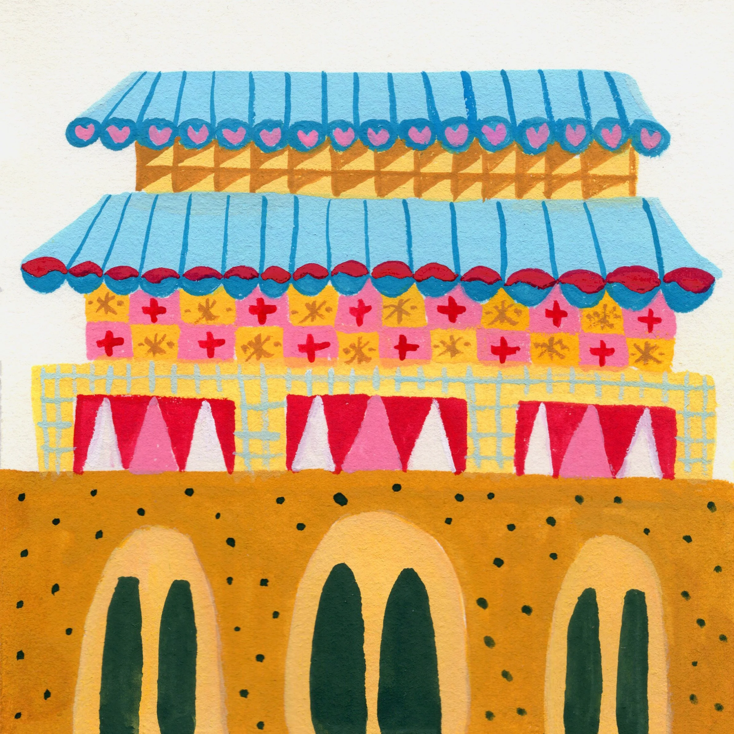 Colorful illustrated building with a yellow brick base, arches, a lattice section, and multiple layers of decorated roofs with pink, red, and blue accents.