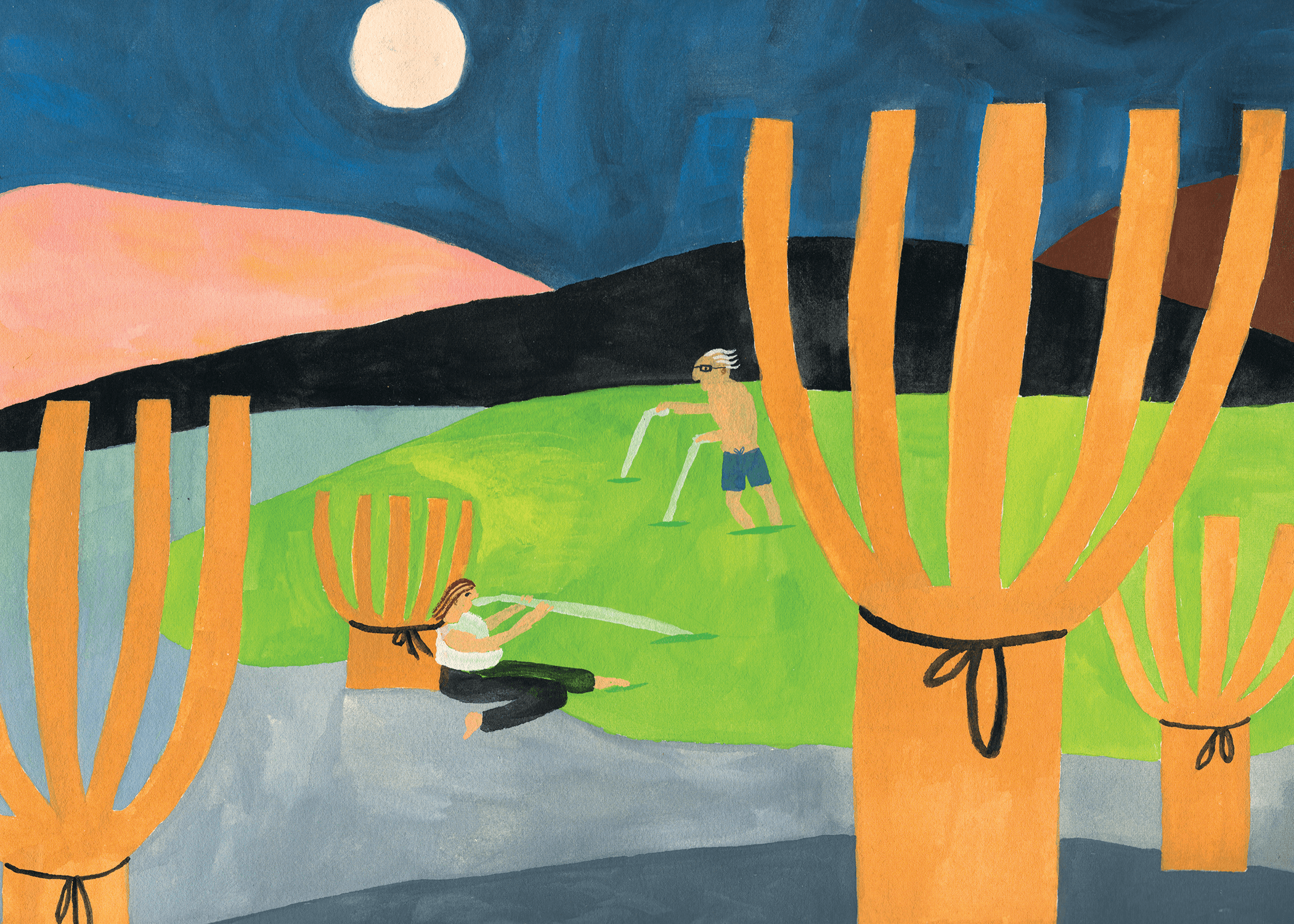 Matcha Lake, A colorful painted landscape with a bright full moon in the night sky. 