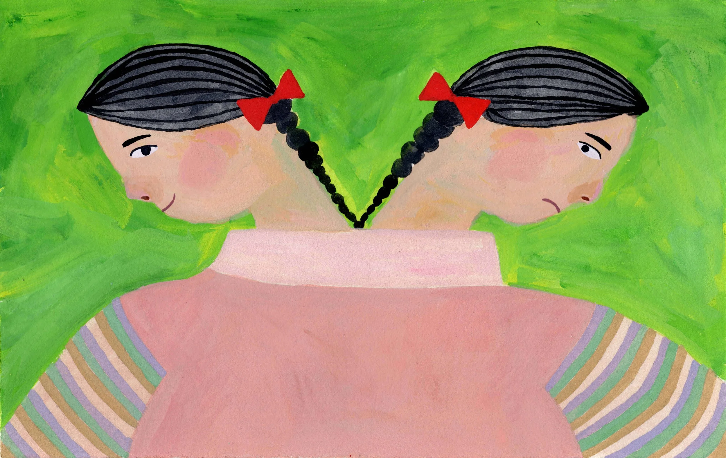 Painting of two girls sitting back-to-back with braided hair tied in red ribbons.