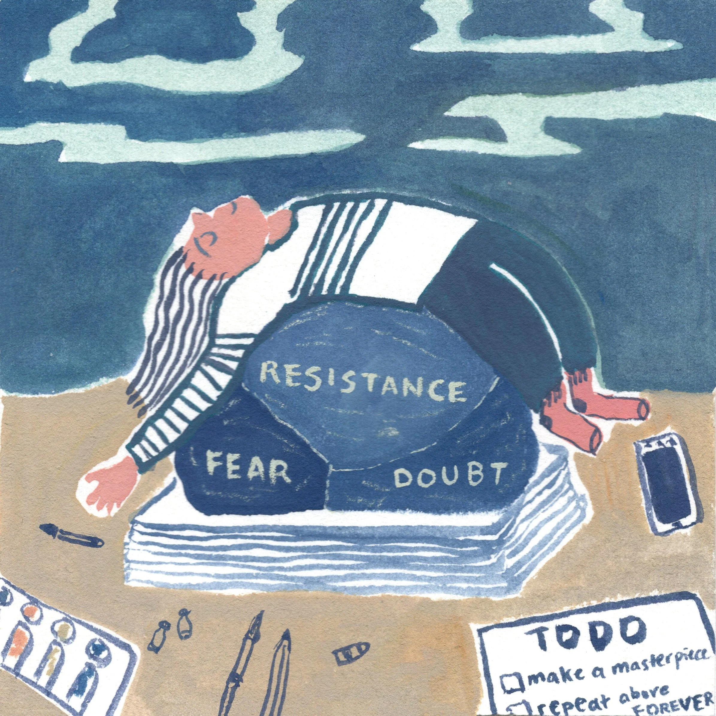 A illustration of a person with pink skin and striped clothing sitting at a desk, leaning on a large rock with words "Fear," "Doubt," and "Resistance." The person appears to be overwhelmed or discouraged, with a phone and writing tools on the desk, a