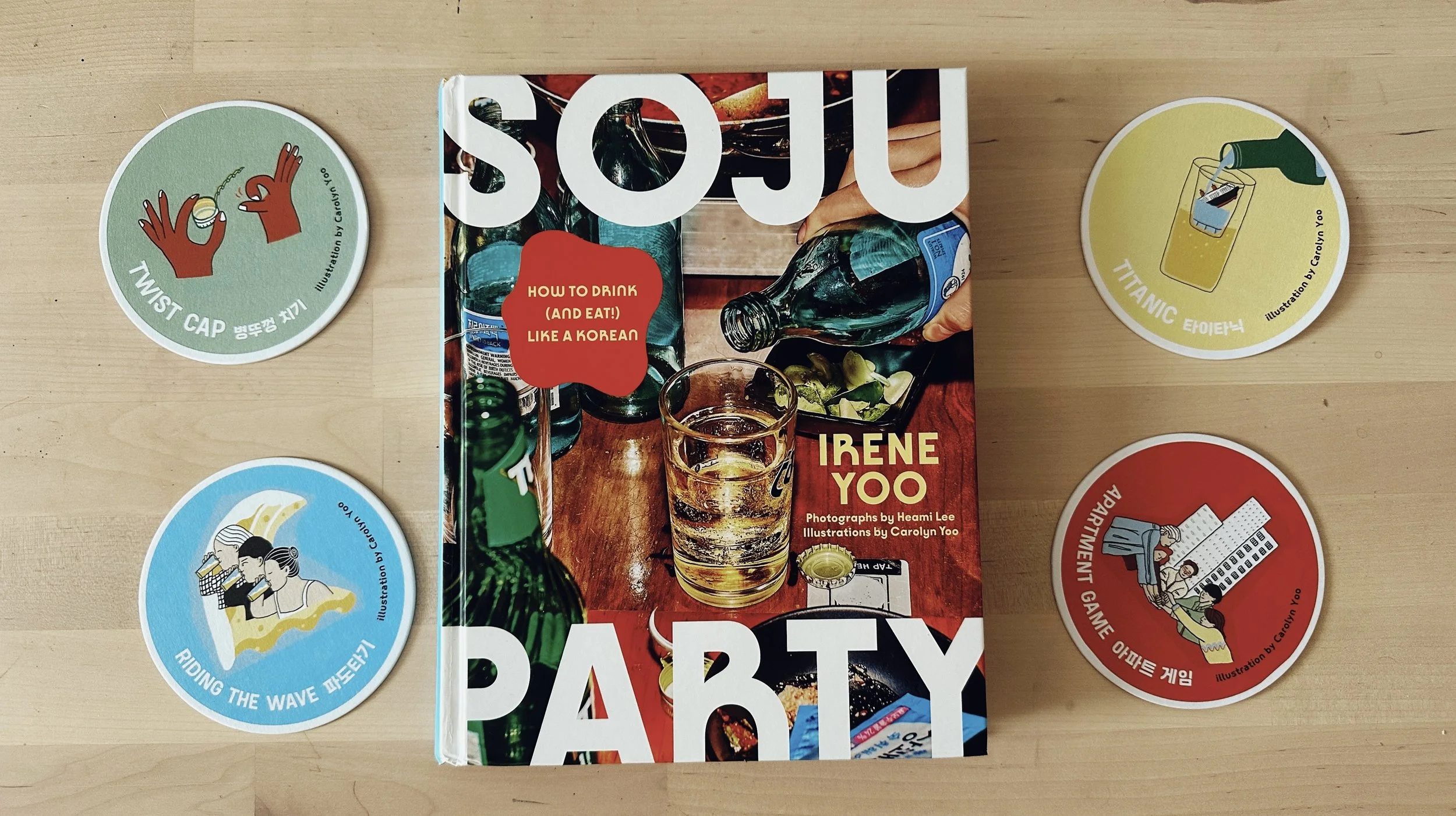 Book titled 'Soju Party' surrounded by four illustrated coasters, each depicting a different drinking activity with Korean and English labels.