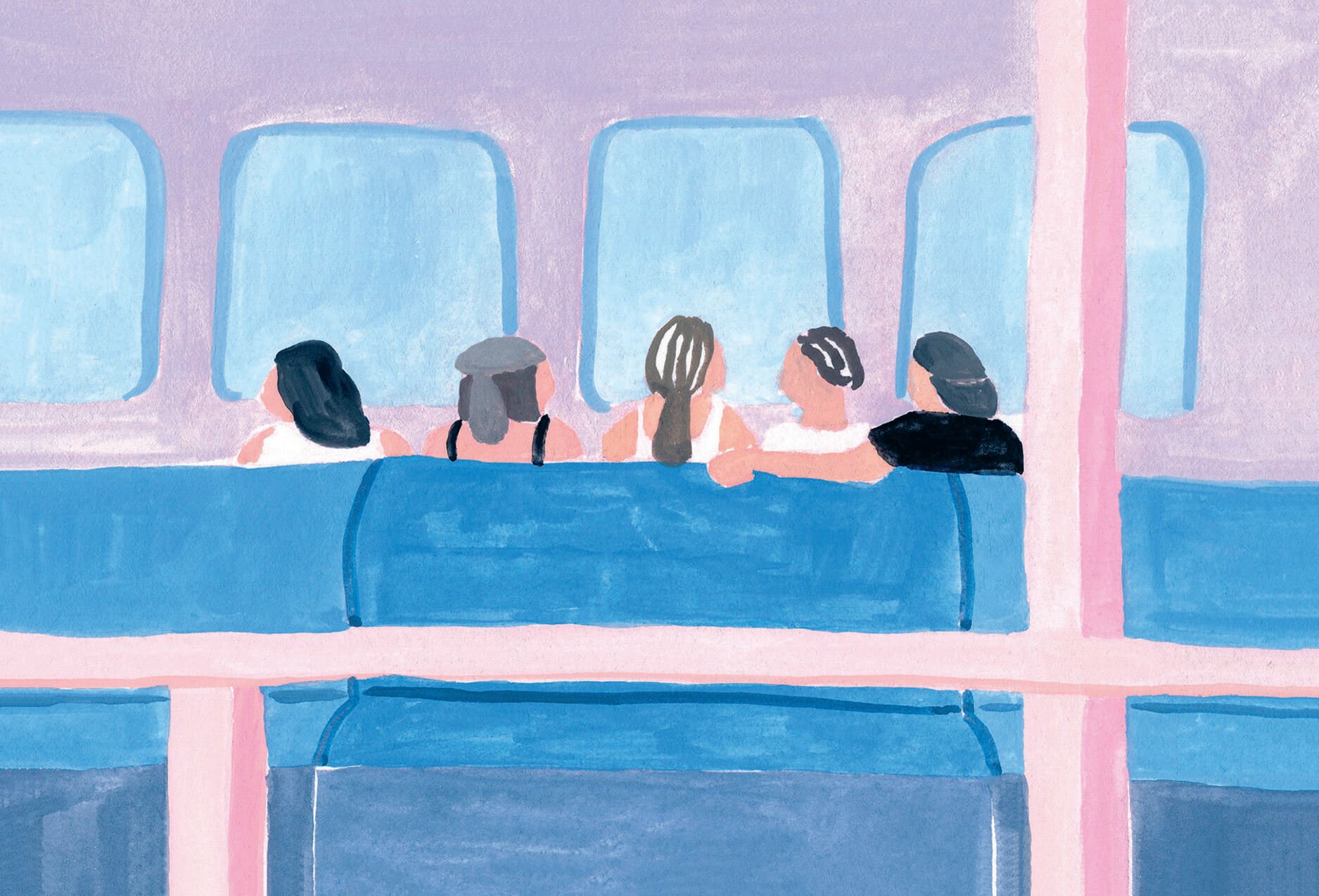 Illustration of friends sitting on a ferry, looking out the windows together.