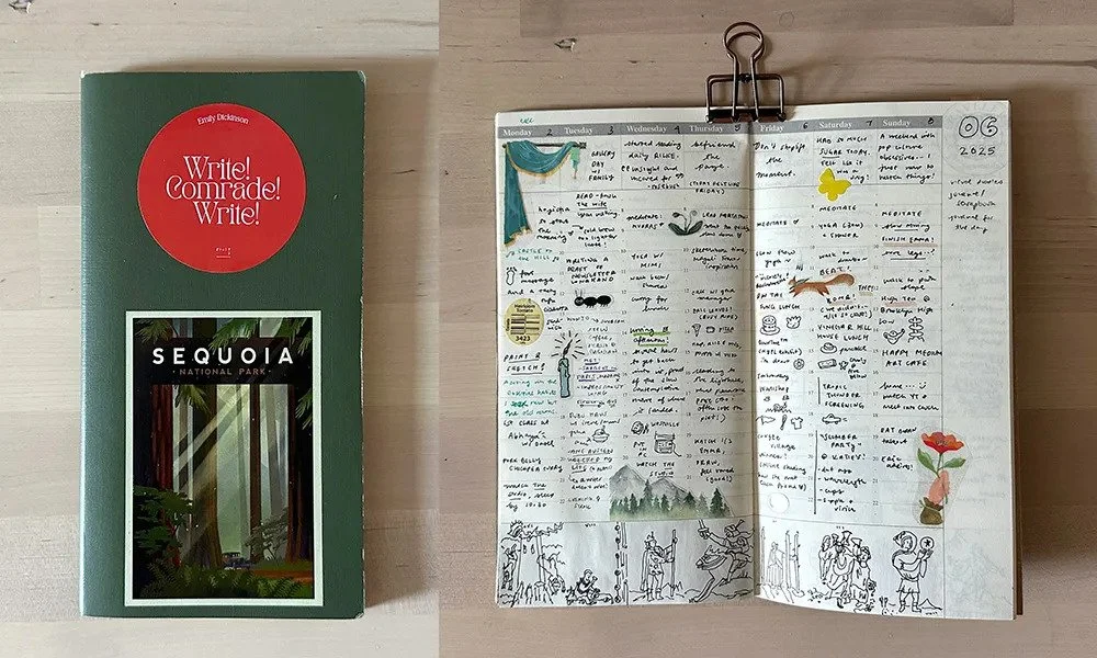 Open analog notebook spread with handwritten notes and small illustrations.