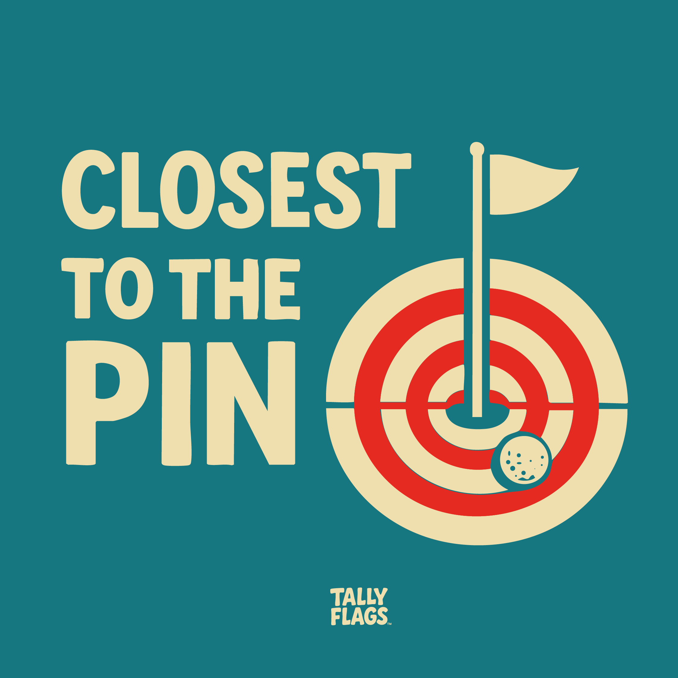 Graphic with a bullseye target and a golf ball, with the text 'Closest to the Pin' and a small 'Tally Flags' logo at the bottom.