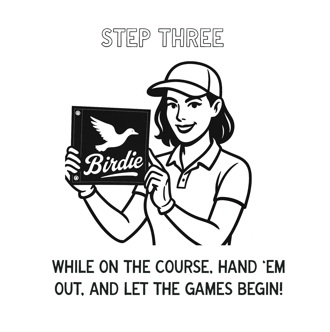 A woman holding a square sign with a bird and the word 'Birdie' on it, wearing a cap and polo shirt, smiling. Text above says 'Step Three', and text below says 'While on the course, hand 'em out, and let the games begin!'