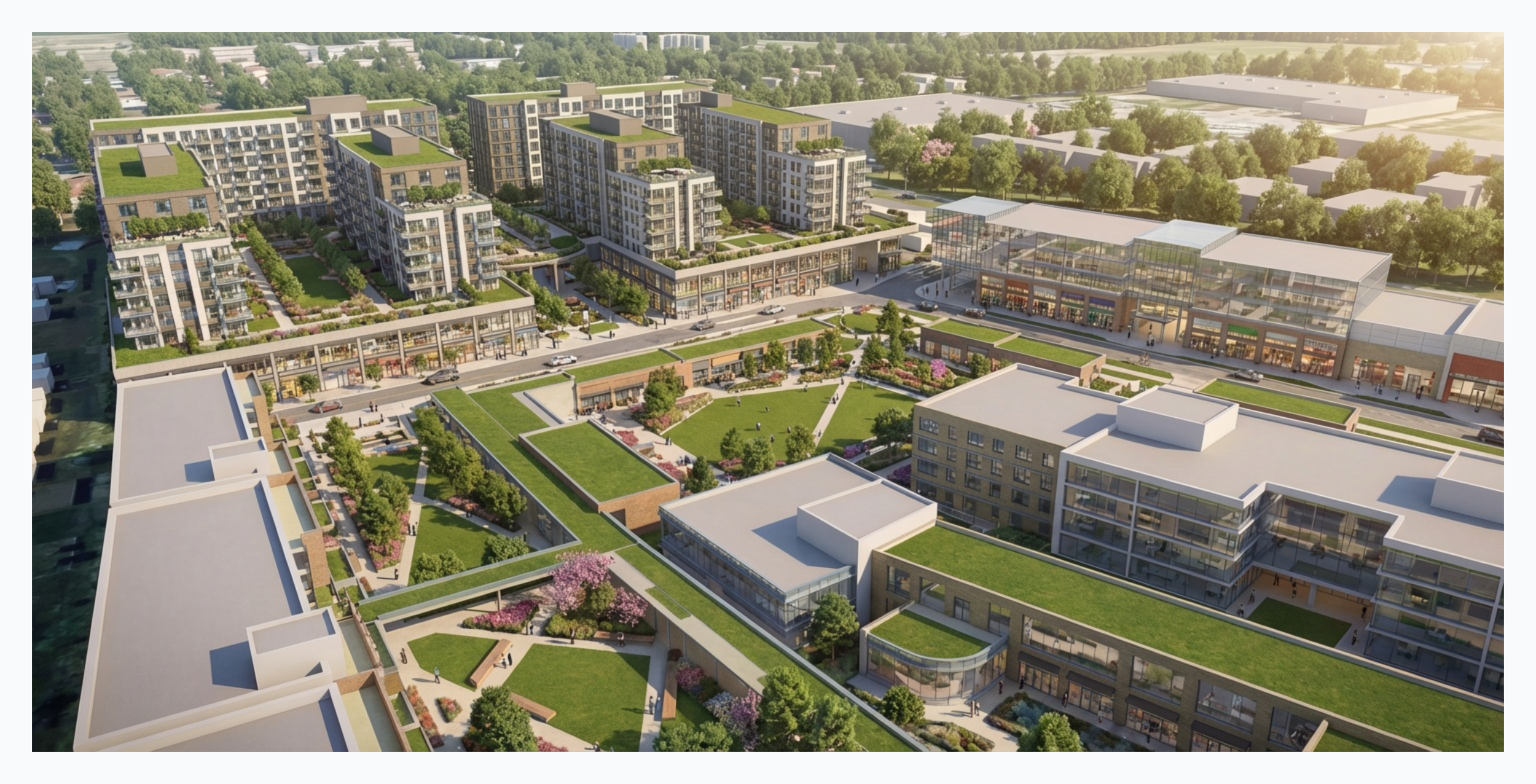 A digital rendering of a modern residential and commercial complex with multi-story buildings, green rooftop gardens, landscaped courtyards, and outdoor walkways surrounded by lush trees.