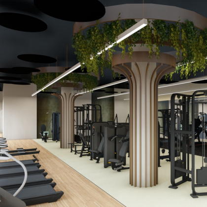 Modern gym interior with exercise machines, treadmill area, and decorative columns with hanging greenery.