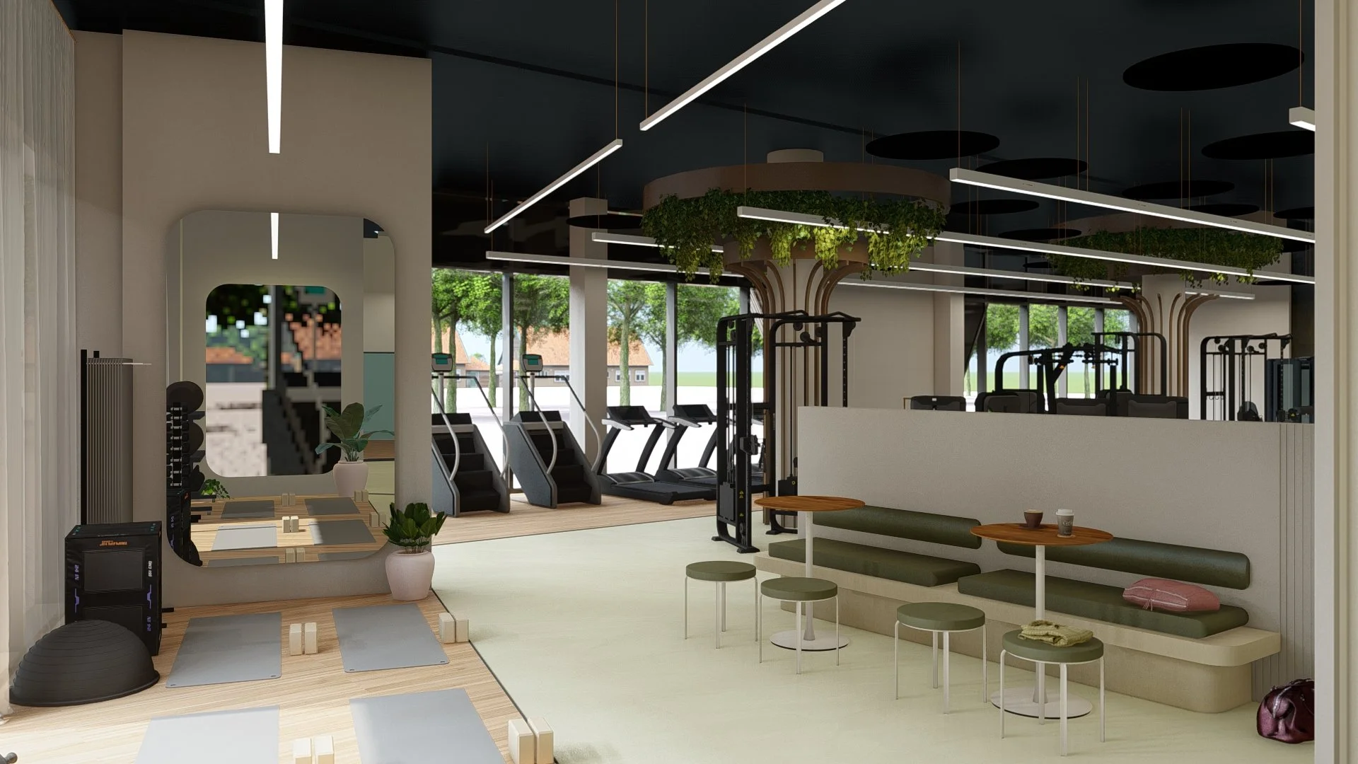 Modern gym interior with workout equipment, treadmill machines, and a seating area with small tables and chairs, surrounded by large windows, plants, and decorative ceiling lighting.