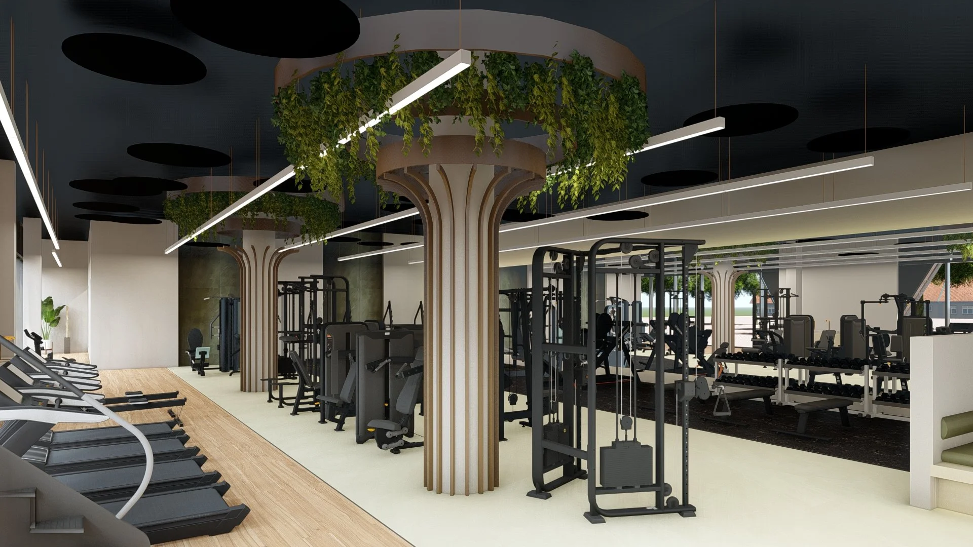 Modern gym with various exercise equipment, wooden columns with green plants on top, and large windows allowing natural light.