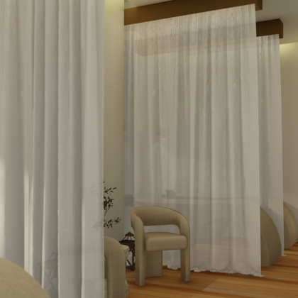 Interior scene with sheer white curtains, beige armchair, and wooden flooring.