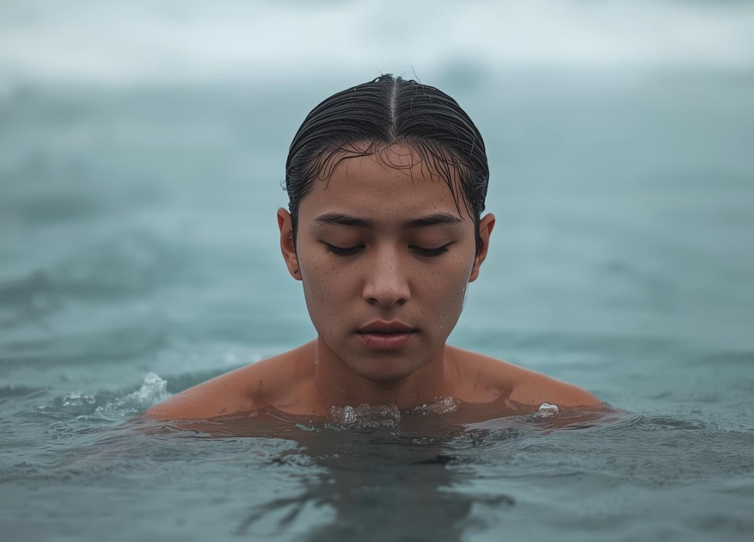 A woman with wet, slicked-back hair submerging in water with her eyes closed, calm expression, and neutral makeup.