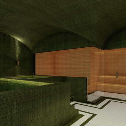 Indoor swimming pool area with green-tiled walls and a wooden partition.