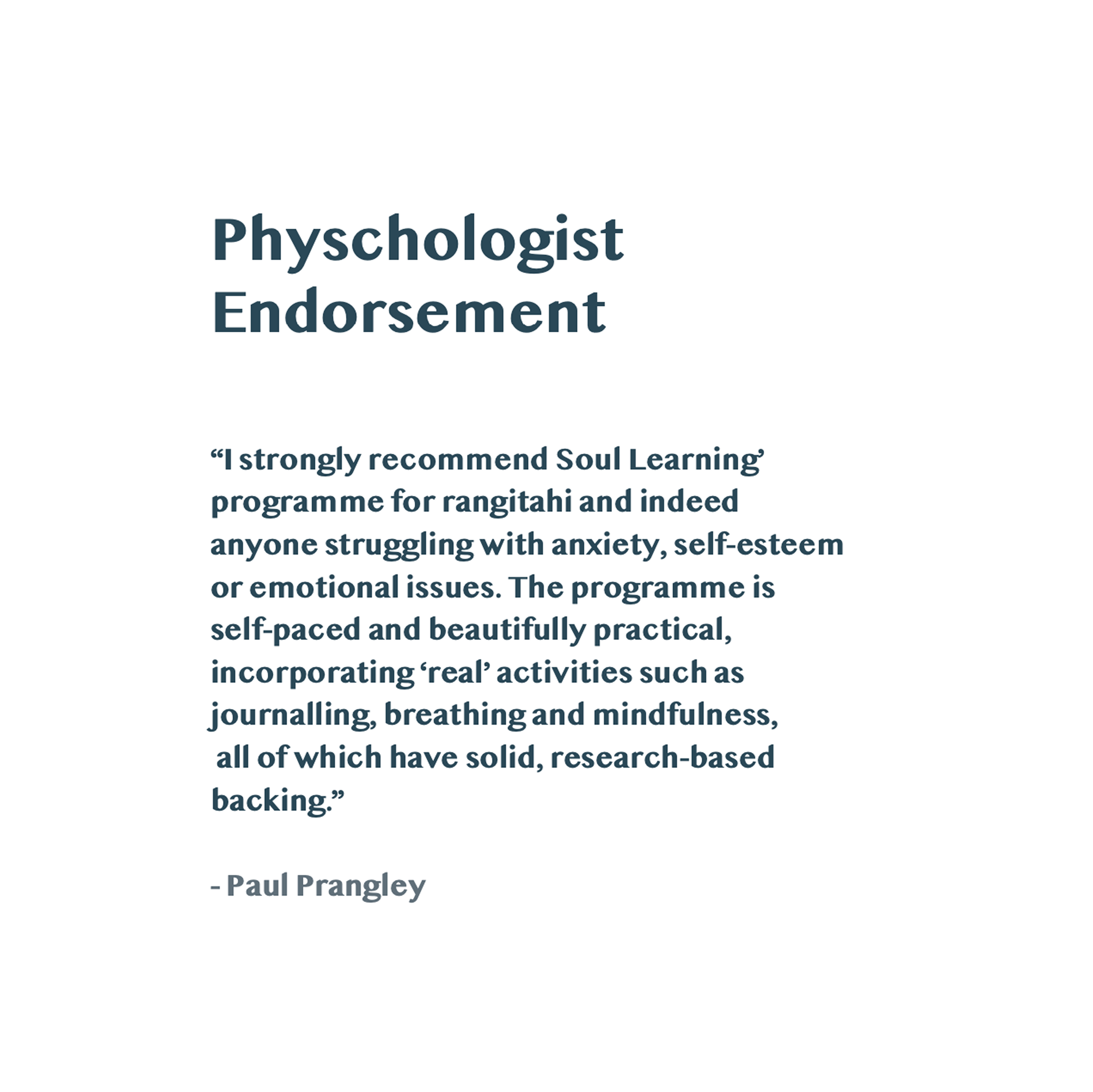 Testimonial praise for Soul Learning program, endorsing its effectiveness for anxiety, self-esteem, and emotional issues, citing journaling, breathing, and mindfulness as activities.