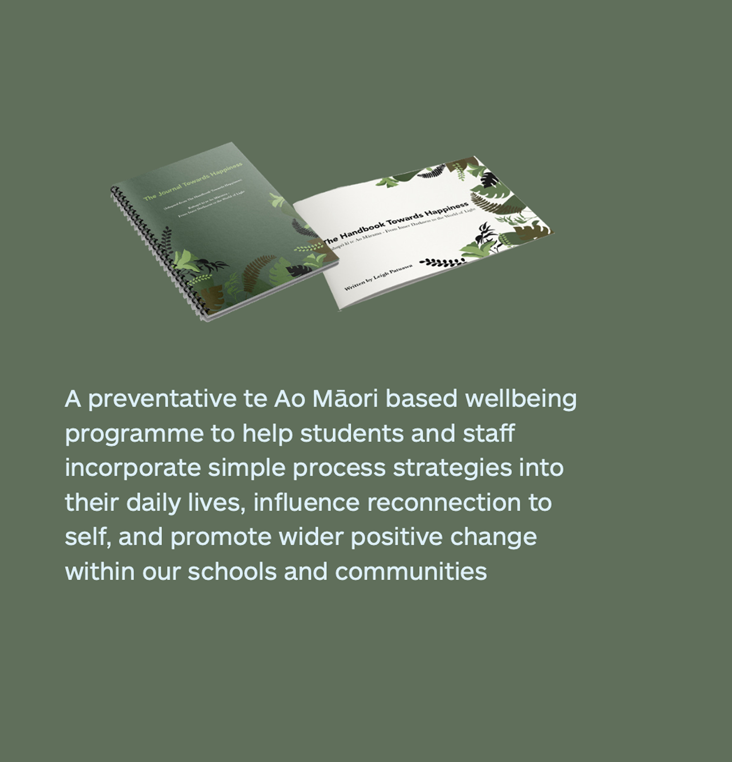 Image of a spiral-bound book titled 'The Handbook Towards Happiness' with a natural green and botanical cover, and a plain white page with green and black leaf illustrations and black text.