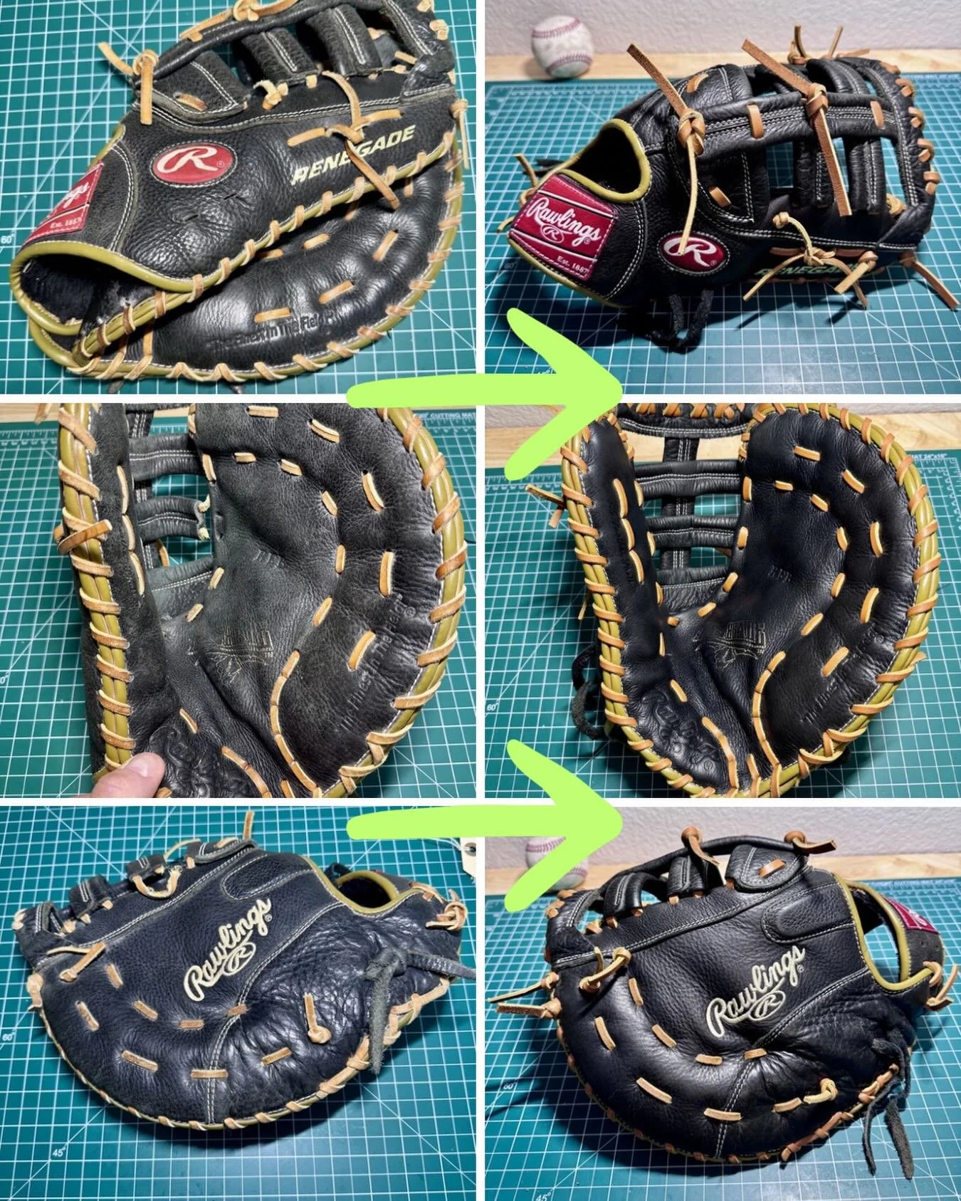 Clean and relace for this Rawlings Renegade first base glove. #rawlings #baseball