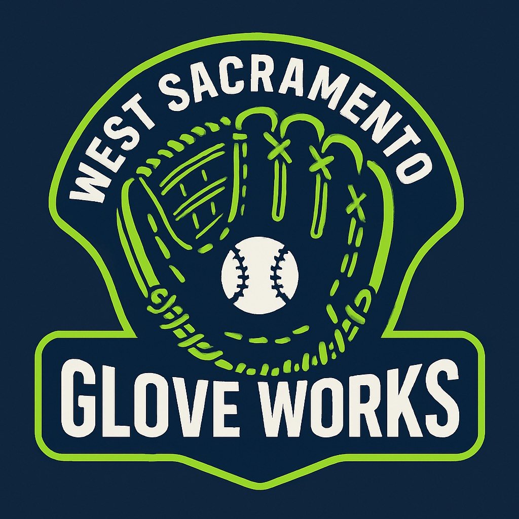 Logo for West Sacramento Glove Works featuring a baseball glove with a baseball in the center and the text "West Sacramento Glove Works"