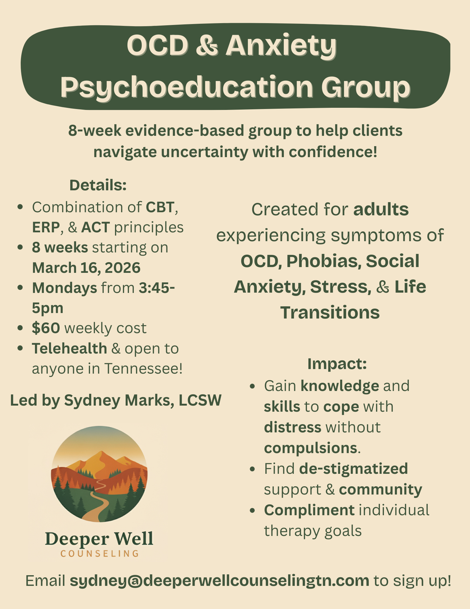 OCD Anxiety Psychoeducation group therapy tennessee lcsw sydney marks petty exposure response prevention ERP cognitive behavioral therapy CBT acceptance and commitment therapy ACT telehealth phobias social anxiety stress life transition process