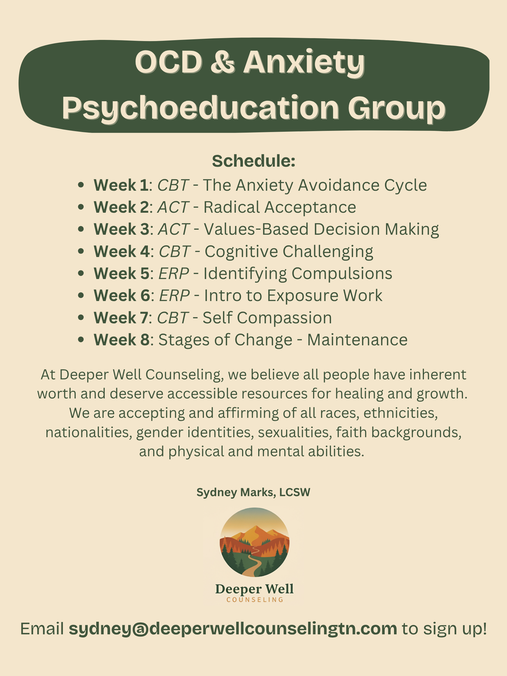 OCD support group Tennessee  8-week therapy group for anxiety  Psychoeducation groups [City]  Therapy groups for OCD and ERP