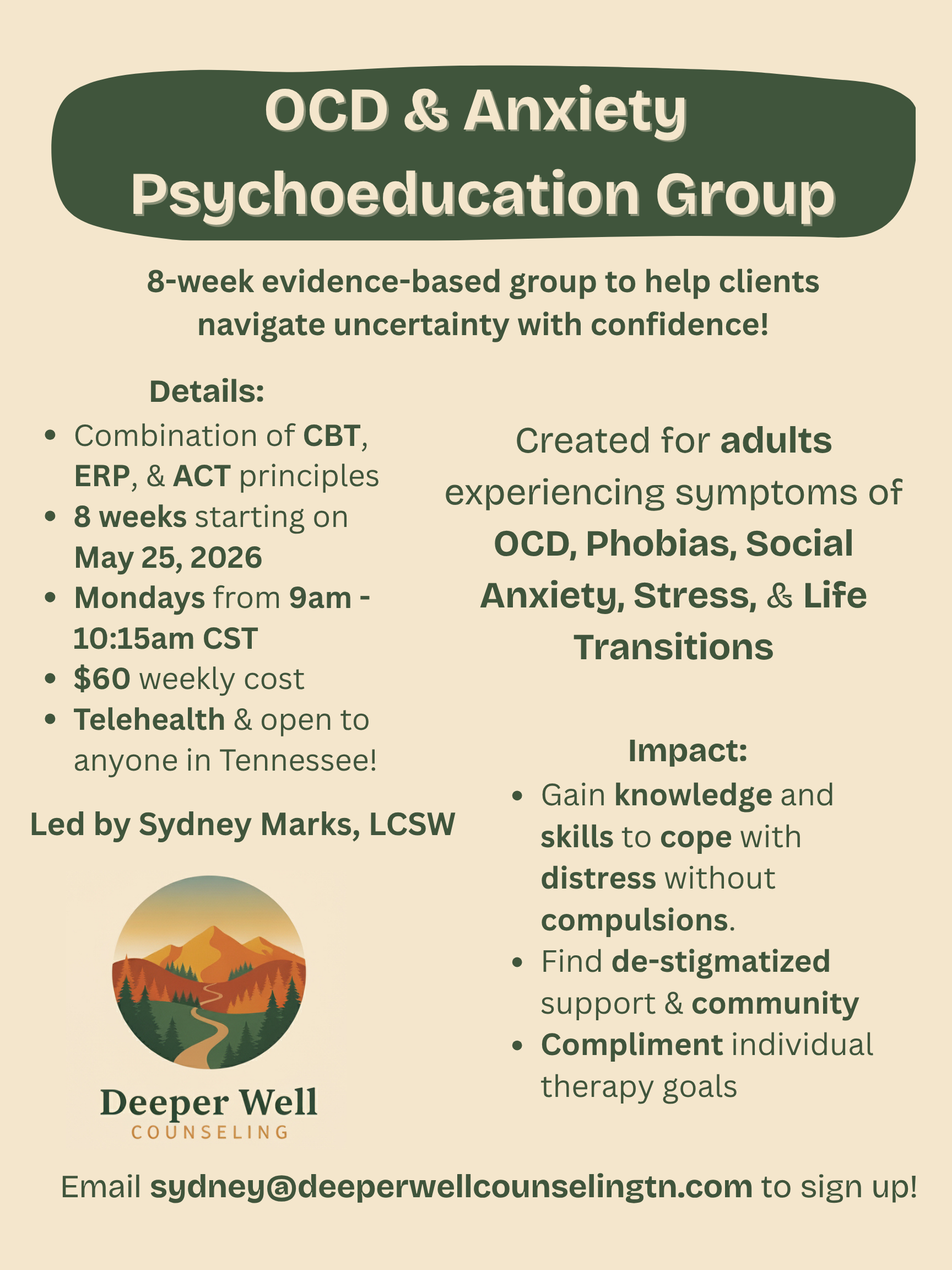 OCD support group Tennessee  8-week therapy group for anxiety  Psychoeducation groups [City]  Therapy groups for OCD and ERP