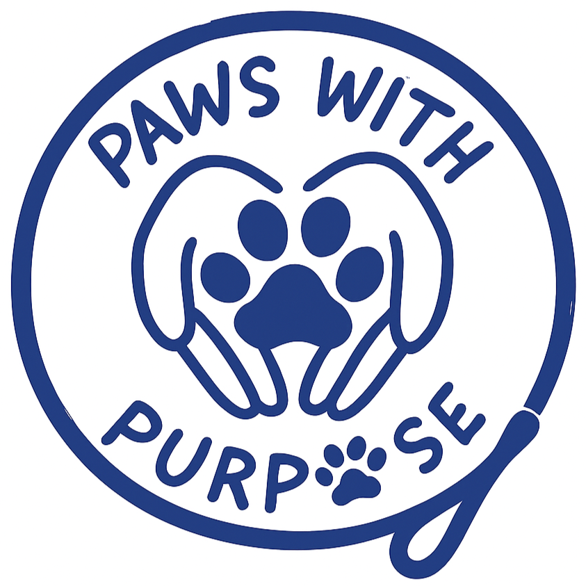 A circular logo with the words 'Paws with Purpose' and 'PURPOSE' written in a curved manner. The logo features a graphic of a dog paw held by two hands, with a smaller paw print incorporated into the word 'PURPOSE'. The design is in blue and white.