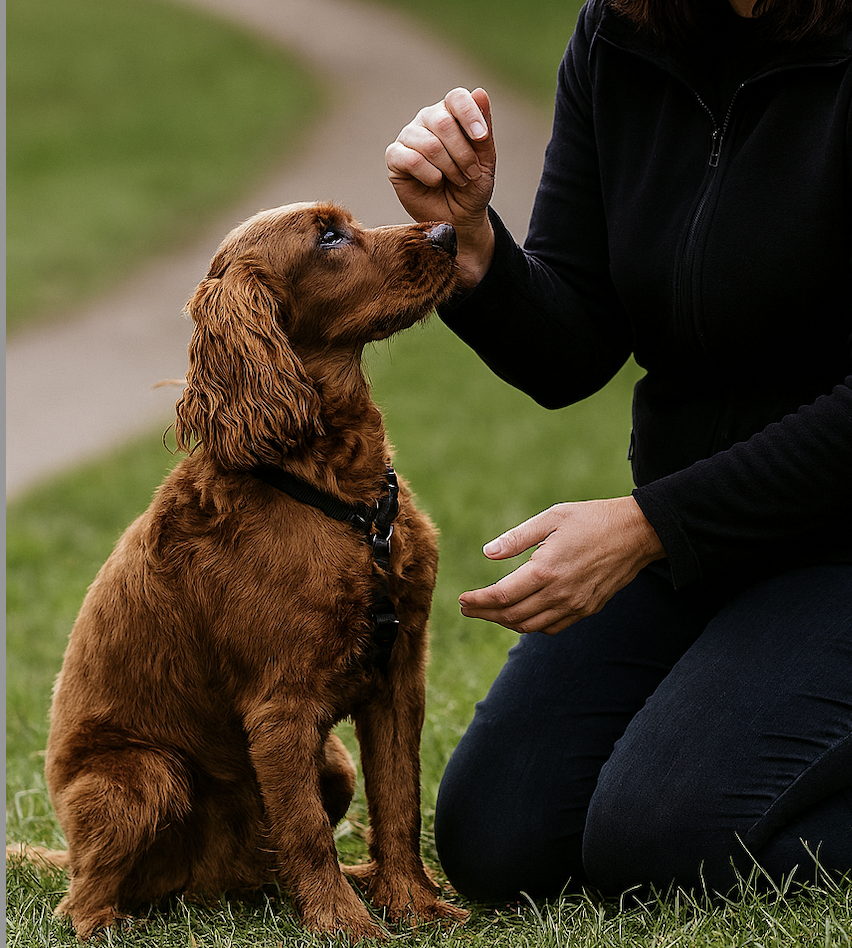 A person with black clothing kneels on the grass, holding a treat, as a brown puppy sits attentively, looking up at the person.