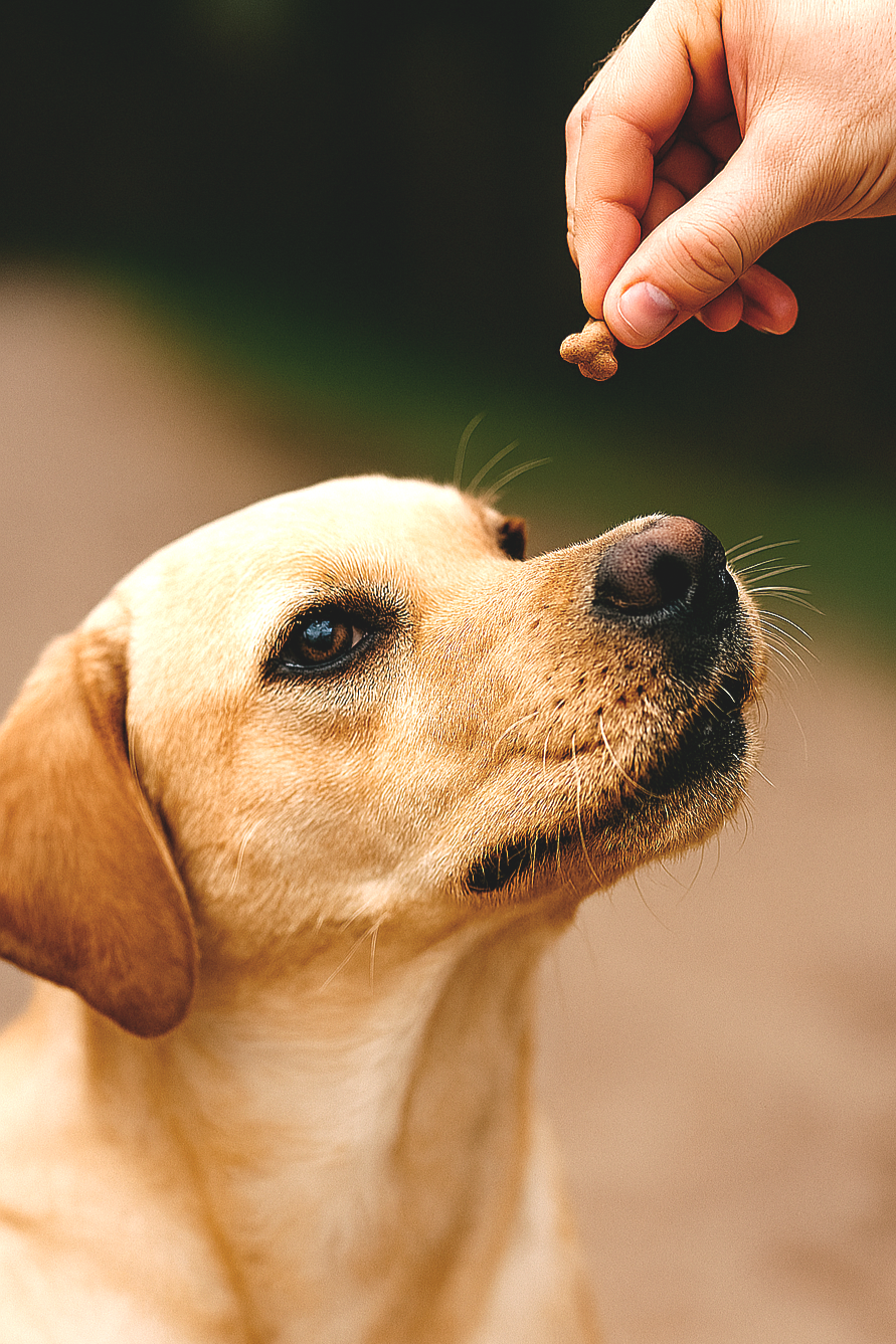 A person holding a treat above a light-colored Labrador Retriever's nose during training outdoors.