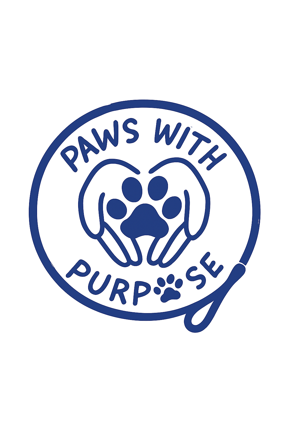 A circular blue logo with the text 'Paws with Purpose'. Inside the circle, there is an illustration of a dog's face with hands forming a paw shape over it and a paw print below.