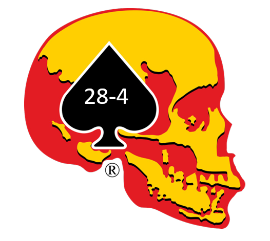 A skull-shaped graphic features a black spade symbol in the center with '28-4' written inside. Red and yellow colors outline the skull, with red on the outer parts and yellow as accents.