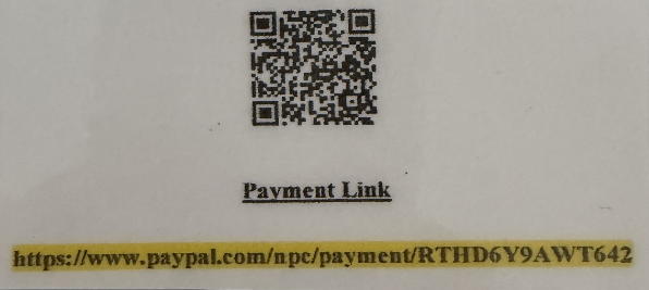 PayPal payment link with a QR code above and a URL below, highlighted in yellow, for online payment.