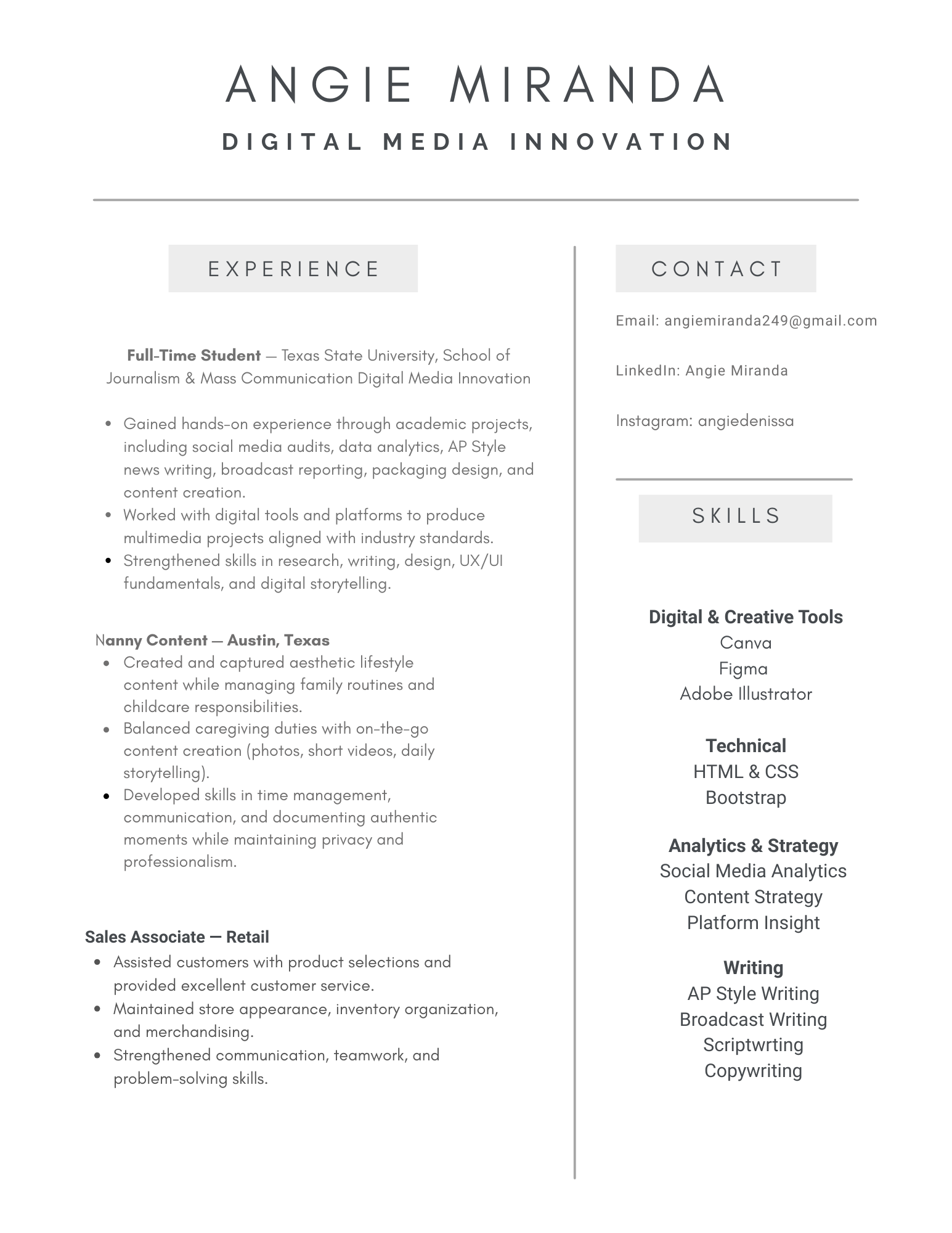 Resume for Angie Miranda with sections for Experience, Contact, Skills, showcasing digital media and content creation expertise, with a black background and white text.