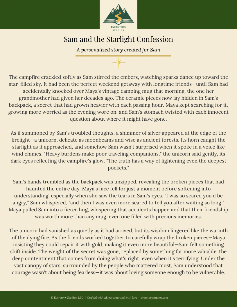 A Storybook titled 'Sam and the Starlight Confession' . The story describes a campfire scene with a unicorn, a girl named Maya, and a boy named Sam, focusing on themes of friendship, magic, and vulnerability.