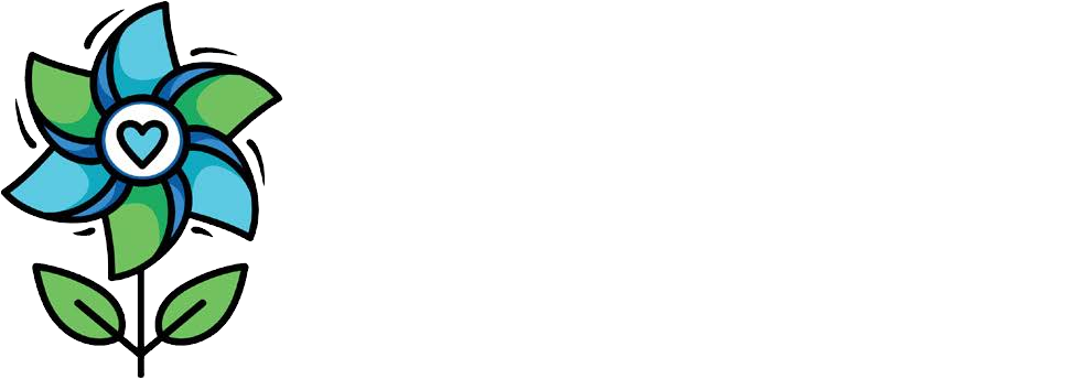 Colorful pinwheel with blue and green petals and a white heart in the center, attached to a green stem with leaves.