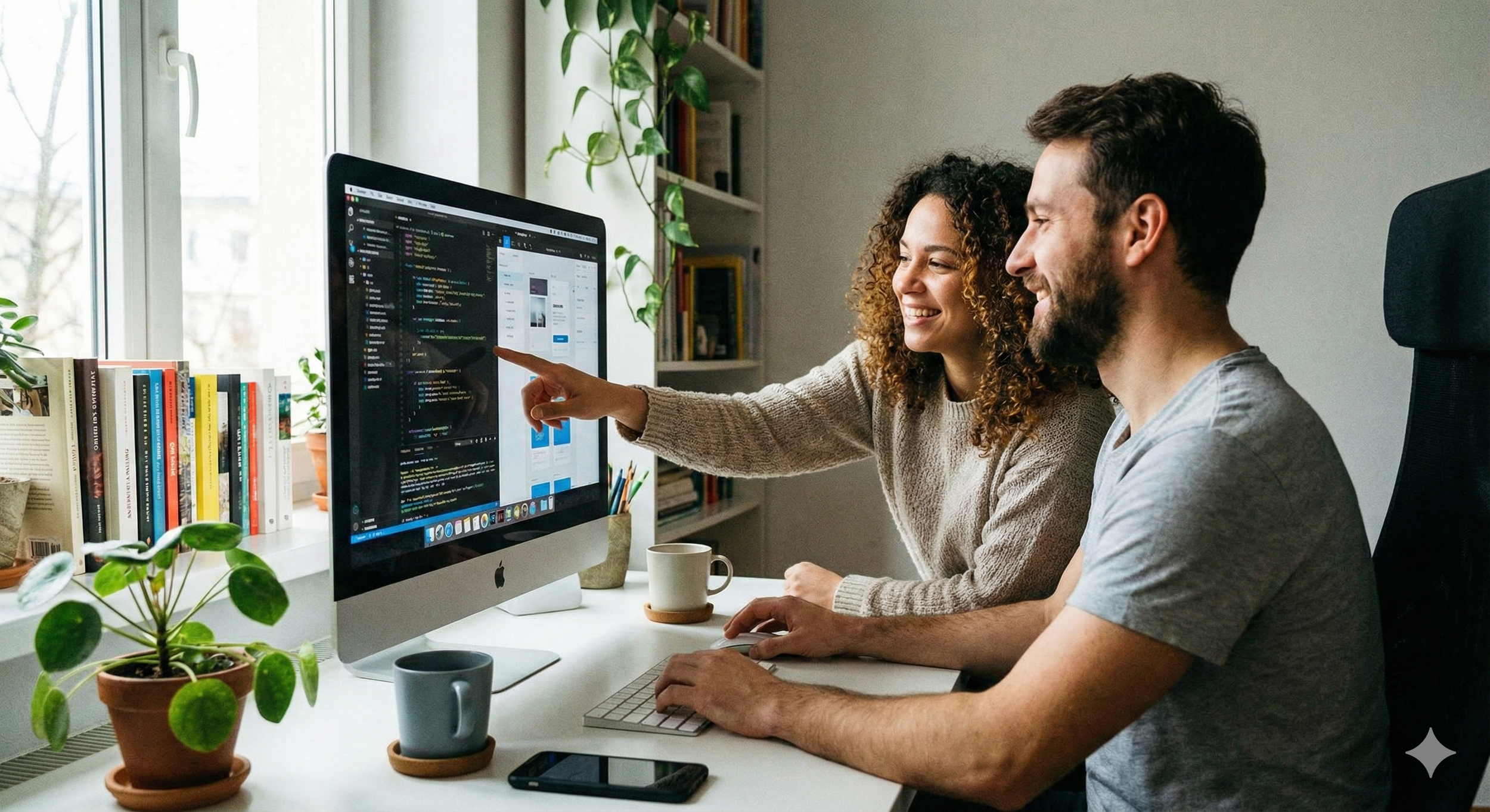 A woman and a man working together at a computer in a bright room. The woman is pointing at the screen, which displays code and a webpage. Both are smiling and appear engaged. There are books, potted plants, and mugs on the desk.