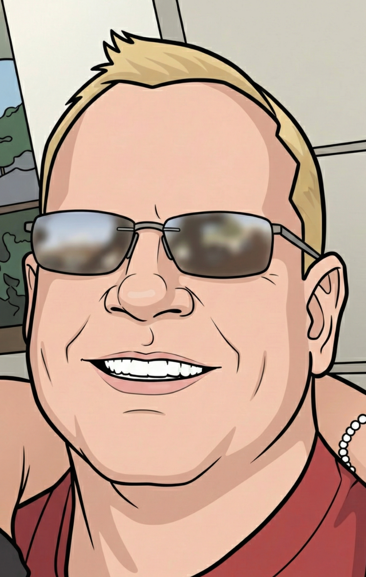 Cartoon image of a smiling man with blonde hair and wearing sunglasses.
