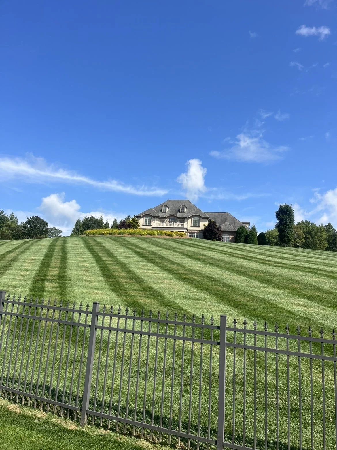 Large house on top of a grassy hill with striped lawn, trees around it, and a black metal fence in the foreground under a partly cloudy blue sky.