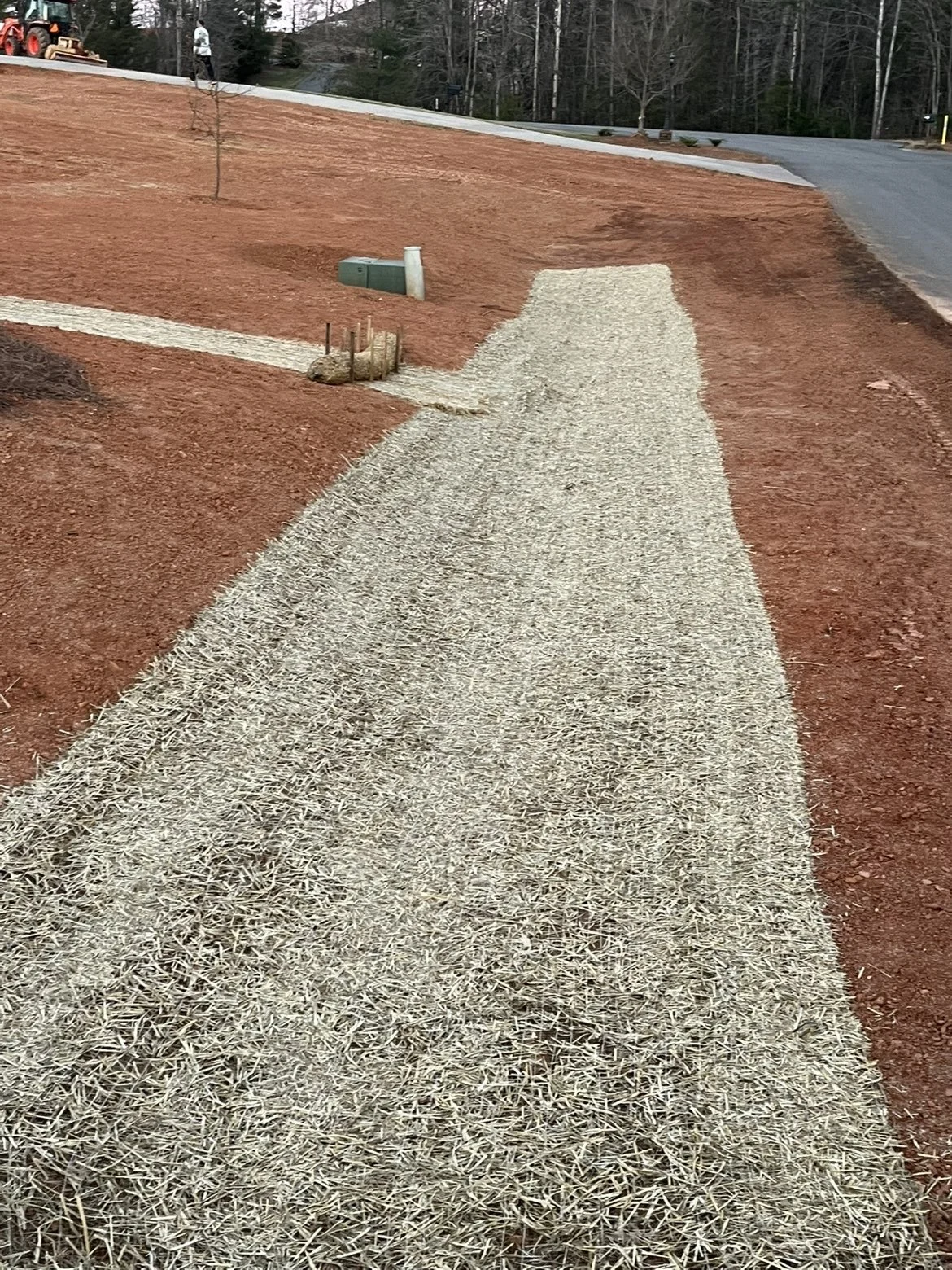 A gravel pathway running through a residential area with a dirt yard on either side, a small tree, and a person walking in the background.