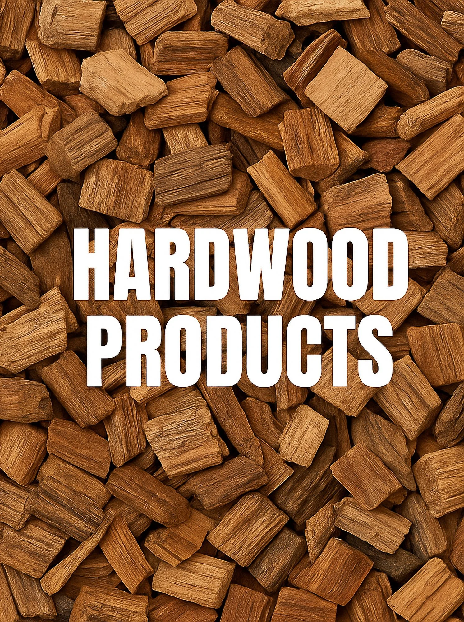 Close-up of small wooden blocks with the text 'HARDWOOD PRODUCTS' in bold white font over the image.