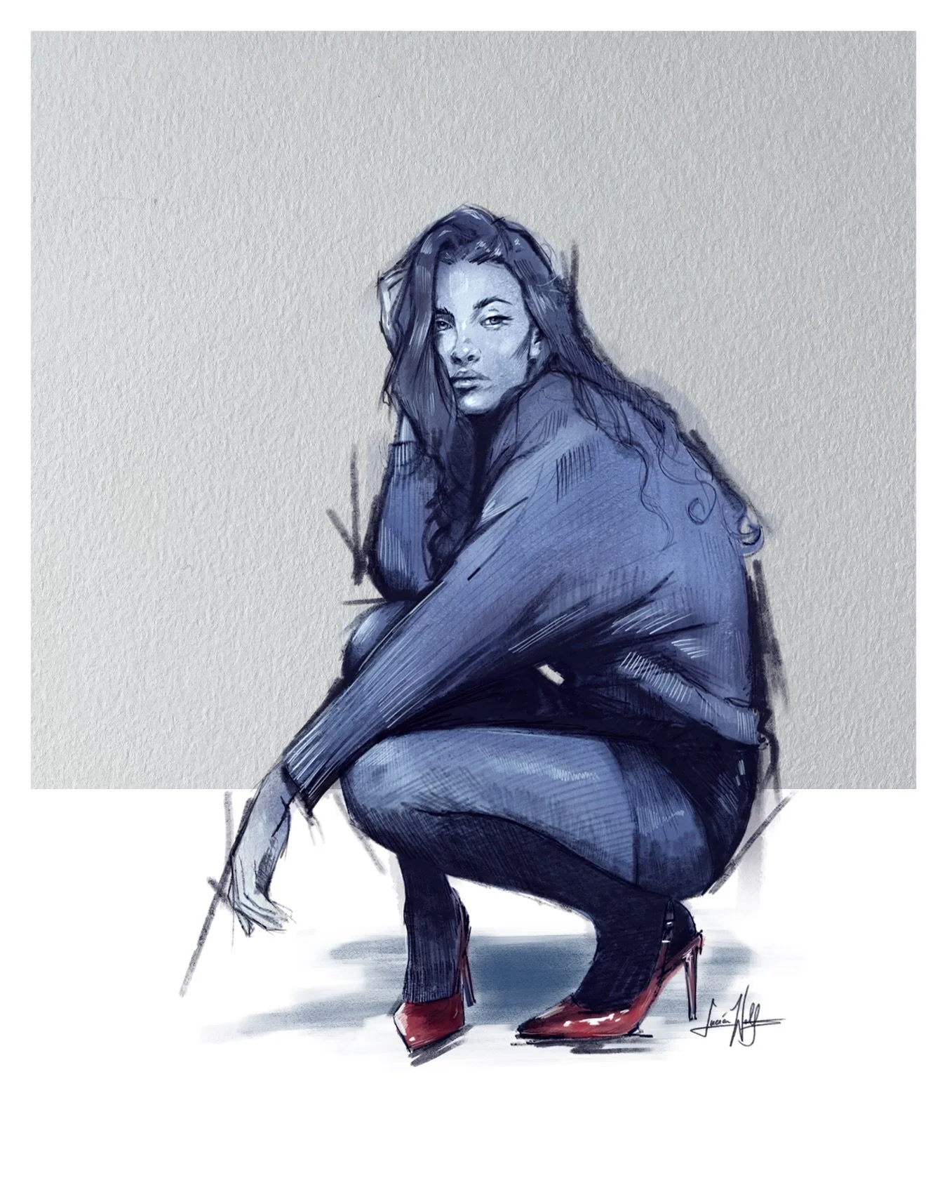 A pale blue glass,
The touch of winters silk,
Beneath this chill facade,
A deep red passion waits.

Portrait Featuring: @michaeladelaneyguthrie 🖤

#portraitartist #fashionsketches #wallartdecor #sketchportrait #lucianwolfartist