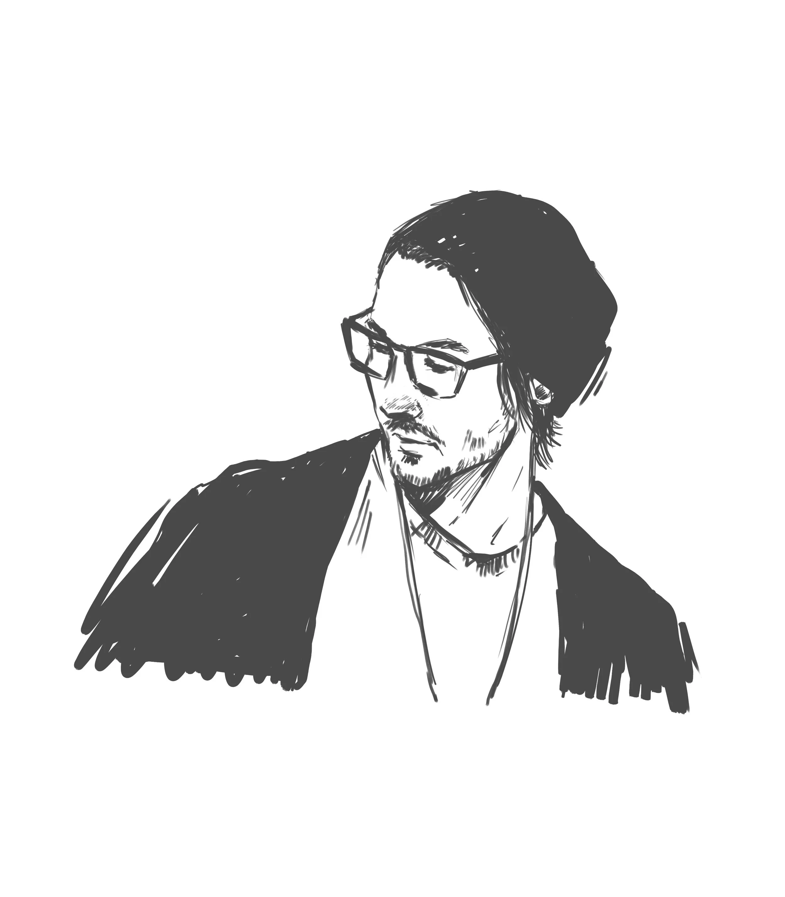 A black and white sketch of self-portrait of the artist Lucian Wolf