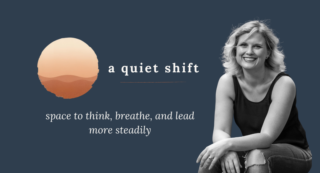 Black and white photo of a smiling woman with curly blonde hair, wearing a sleeveless top, sitting with her arms crossed on her lap, on a graphic background with a sunset graphic and text that reads "a quiet shift" and "space to think, breathe, and lead more steadily".
