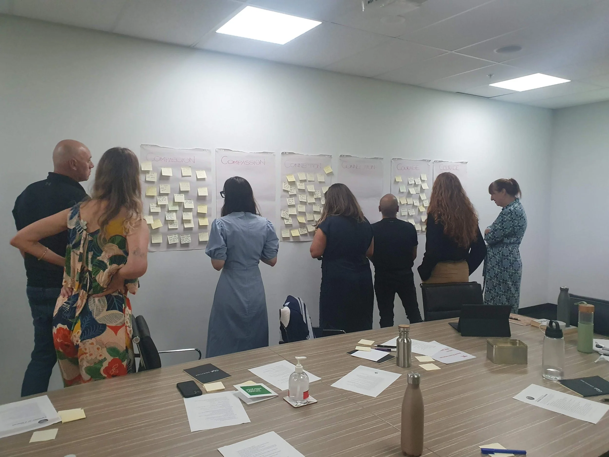 Group of eight people reviewing and discussing charts with post-it notes on large sheets on a white wall in a conference room.
