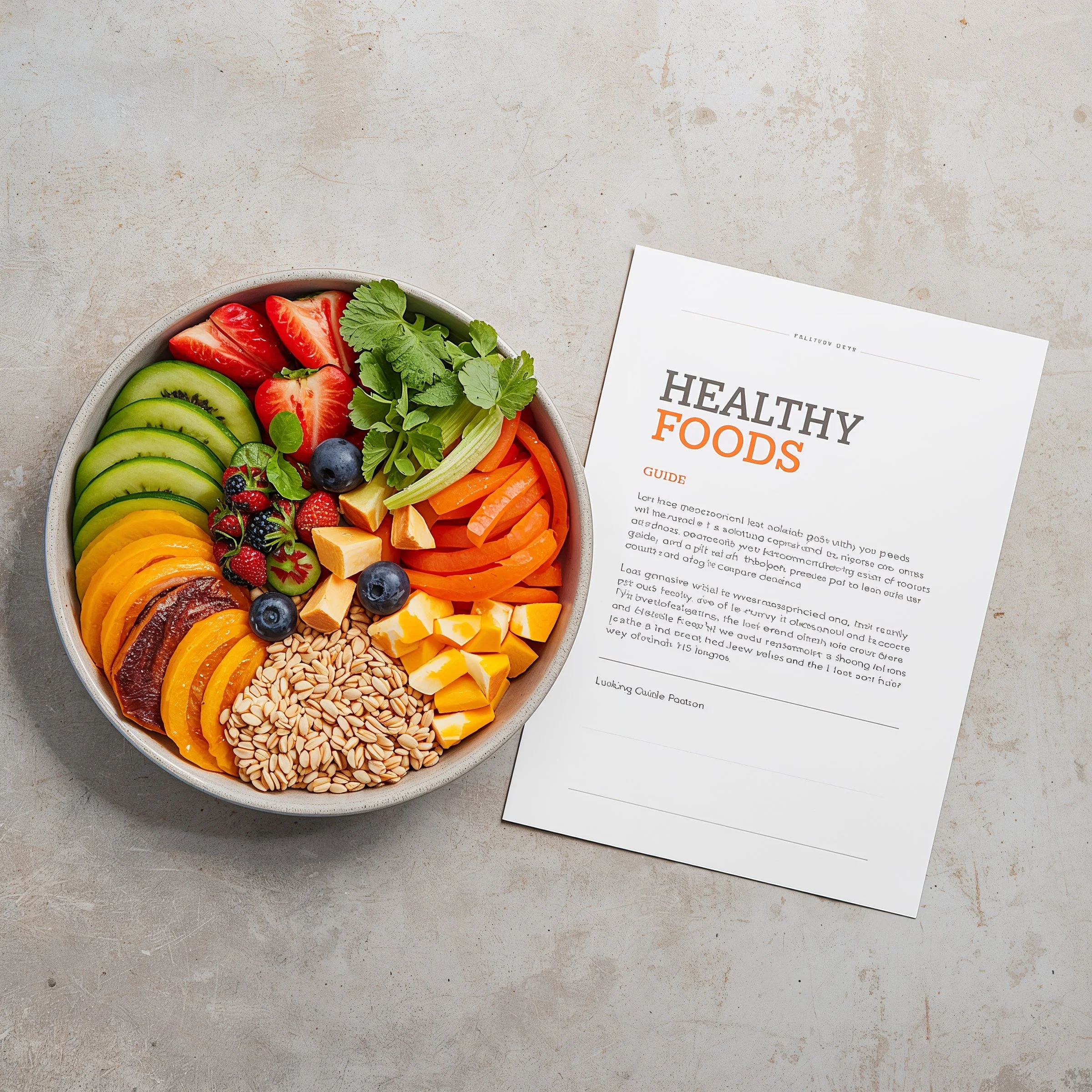 A bowl of fresh mixed fruits and vegetables, including sliced cucumbers, strawberries, blueberries, blackberries, chopped cheese, sunflower seeds, and chopped carrots, placed next to a paper titled 'Healthy Foods Guide' on a light gray surface.
